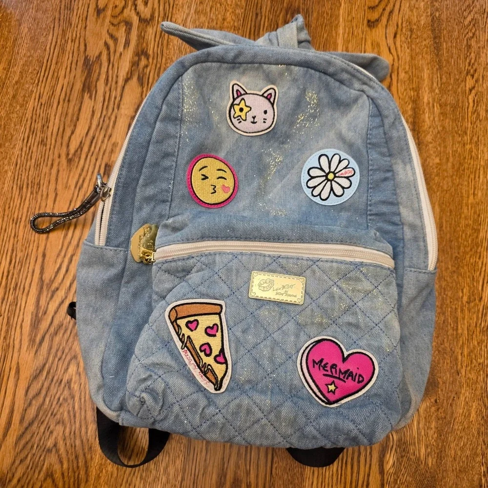 Luv Betsey by Betsey Johnson Denim Patch Backpack Light Blue Quilted Glitter